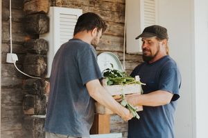 Two men holding together a basket of fresh farm produce 