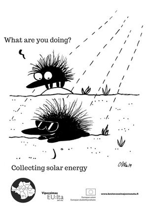 Illustration of dialogue &quot;what are you doing?&quot; &quot;Collecting solar energy&quot;